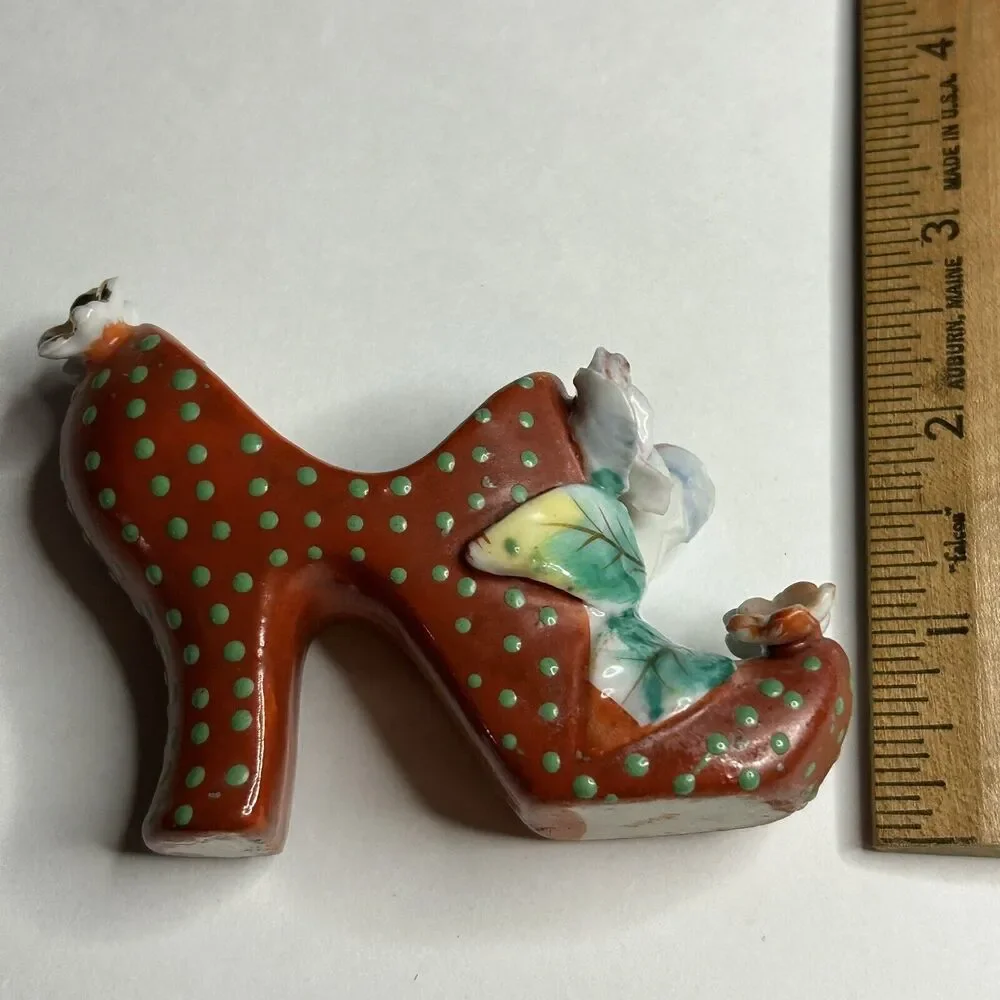 Vintage Porcelain Shoe made in Japan‎ Red with Green Polka dots miniature 3